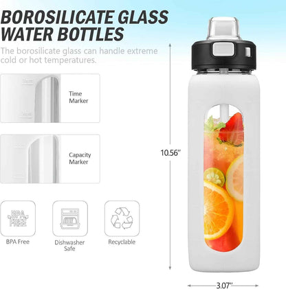 Water Bottle with Straw and Carry Handle, Glass Water Bottle 24 Oz Leak Proof Locking Lid with Soft Silicone Spout, Small Clear Water Bottle, Travel Sports Water Jug, Time Marker, White