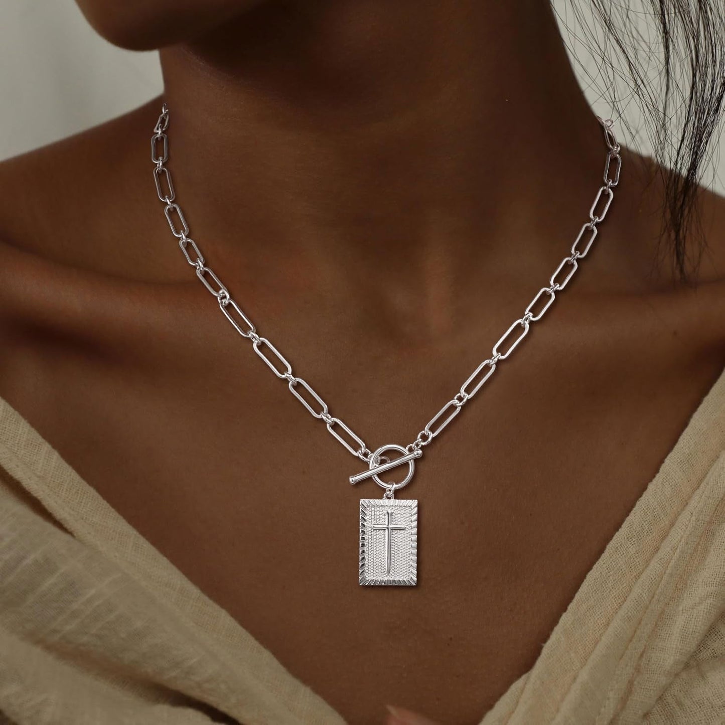 Cross Necklace for Women Trendy, Dainty 14K Gold Plated Paperclip Charm Necklace for Womens Chunky Cross Pendant Necklace Gold Jewelry Religious Christian Gifts for Christians