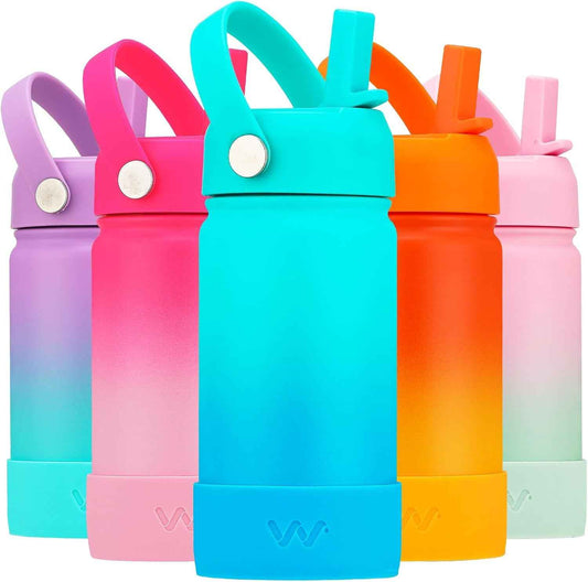 Kids Water Bottle with Boot, Insulated Stainless Steel Wide Mouth Metal Water Bottle with Leakproof Straw Lid for School, Girls, Boys