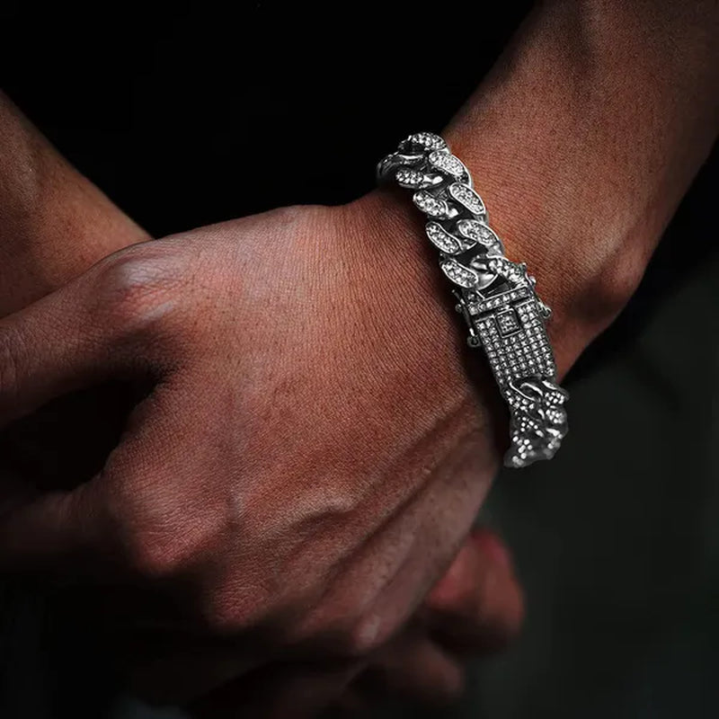 Fashion Gold Stainless Steel Hip Hop Jewelry Iced Out Diamond Thick Miami Cuban Link Chain Necklace Bracelet Watch Ring Jewelry Set