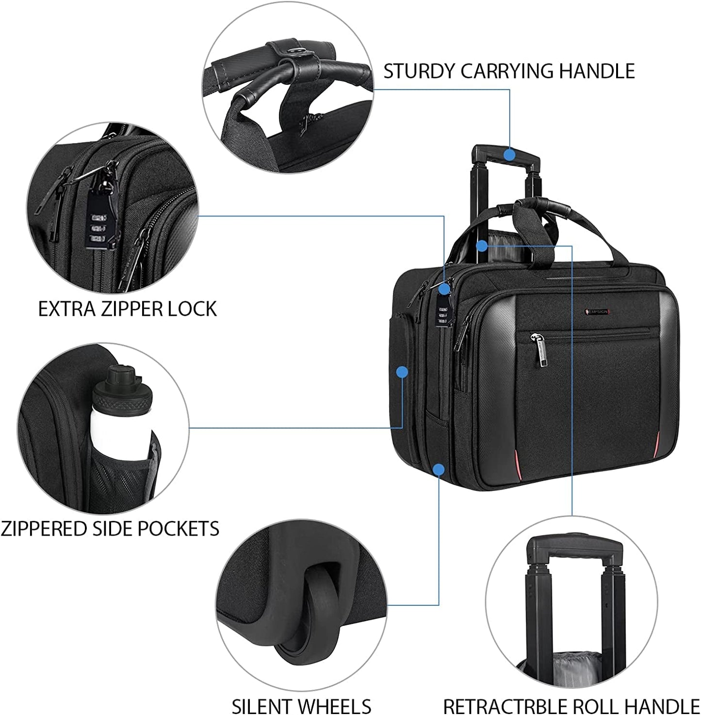 Rolling Briefcase Laptop Bag,17.3" Computer Bag with Wheels, Water Repellent Travel Roller Underseat Bag with RFID Blocking Pocket,Rolling Work Bags for Women/Men -Black