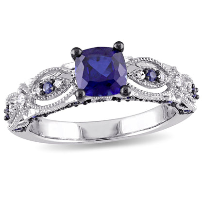 Women'S 1 5/8 CT. Created Blue Sapphire and Diamond Engagement Ring in 10Kt White Gold