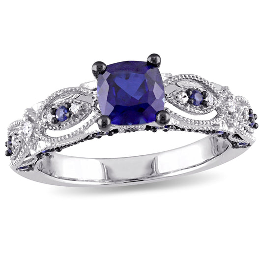 Women'S 1 5/8 CT. Created Blue Sapphire and Diamond Engagement Ring in 10Kt White Gold