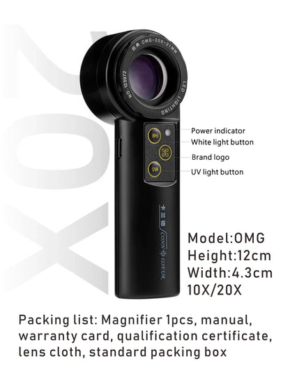 OMS 10X 20X Shadowless LED Handheld Magnifier Achromatic Loupe Antique Diamond Gemstone Jewelry Watch Identification Instruments