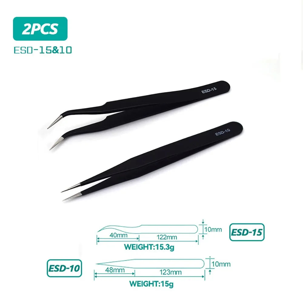 ESD Anti-Static Stainless Steel Tweezers Precision Maintenance Industrial Repair Curved Tool Home Working Model Making Hand Tool