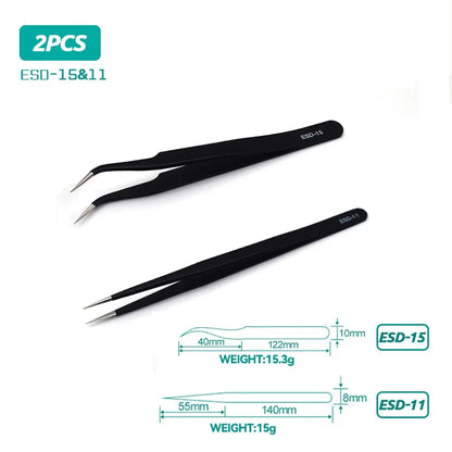 ESD Anti-Static Stainless Steel Tweezers Precision Maintenance Industrial Repair Curved Tool Home Working Model Making Hand Tool