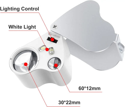 Jewelry Magnifier With Lights 30X 60X Magnification Magnifying Glass Portable Reading Pocket Magnifier Magnifying Loupe