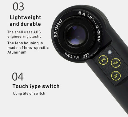 OMS 10X 20X Shadowless LED Handheld Magnifier Achromatic Loupe Antique Diamond Gemstone Jewelry Watch Identification Instruments