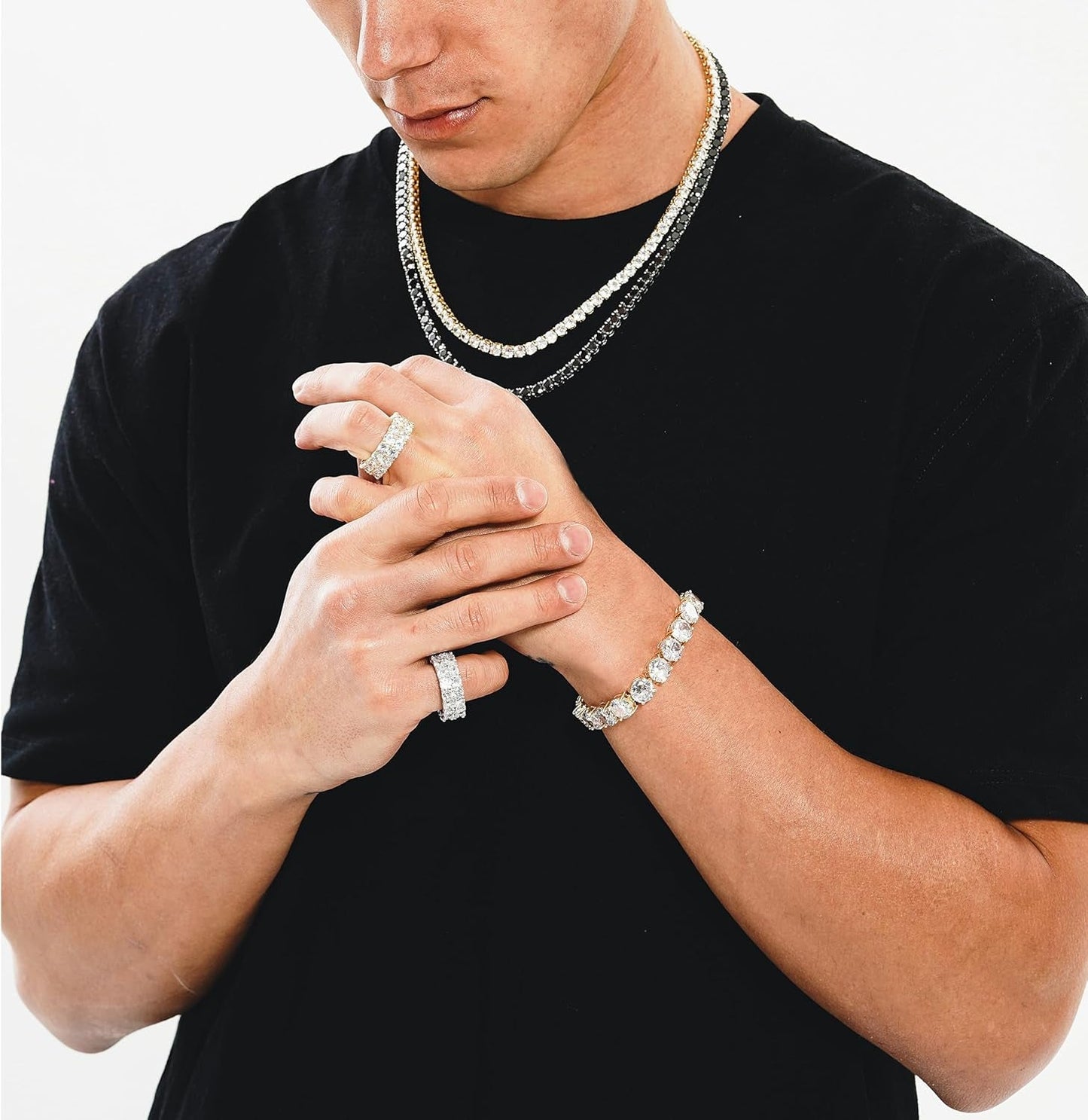 Rings for Men - Men'S 14K Gold Plated Brass, Chunky Faux Diamond Band Ring for Women, Unisex, 9Mm - 2 Rows round Cubic Zirconia Eternity