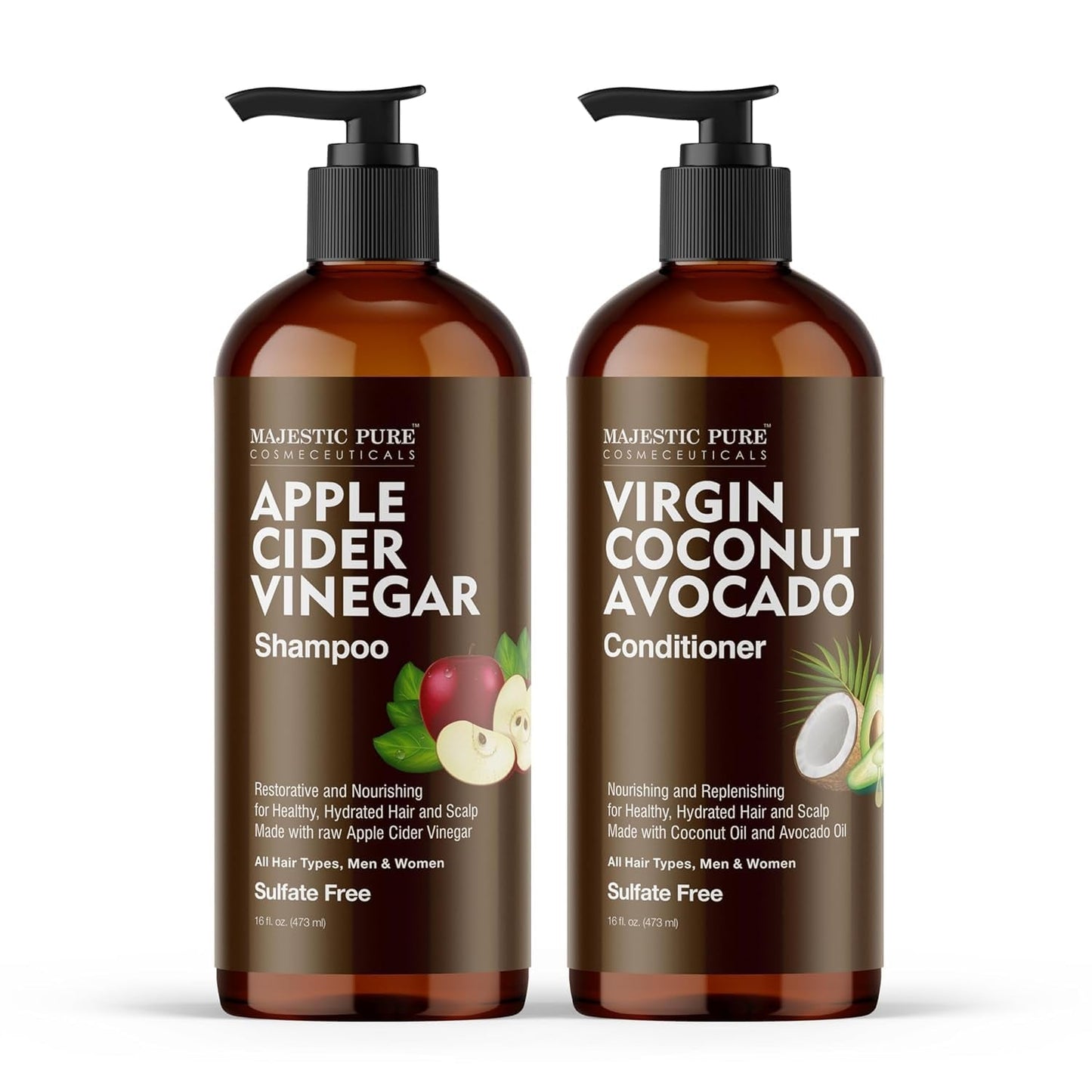 Apple Cider Vinegar Shampoo and Avocado Coconut Conditioner Set - Restores Shine & Reduces Itchy Scalp, Dandruff & Frizz - Sulfate Free, for All Hair Types, Men and Women - 2 X 16 Fl Oz
