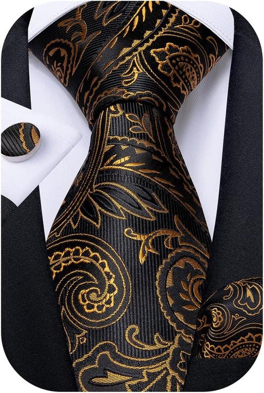 Mens Tie Set Silk Solid Paisley Necktie and Pocket Square Cufflinks Classic Formal Ties for Men Wedding Party