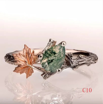 Vintage Maple Leaves & Flower Ring Set Antique Silver Women'S Fashion Twig Leaf Opal & Moonstone Ring Anniversary Gift Engagement Bridal Wedding Jewelry Rings Size 5-10