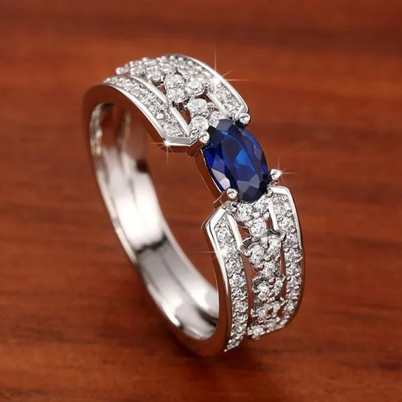Trendy Micro Pave Cubic Zirconia Blue Sapphire Rings for Women Daily Casual Fashion Accessories