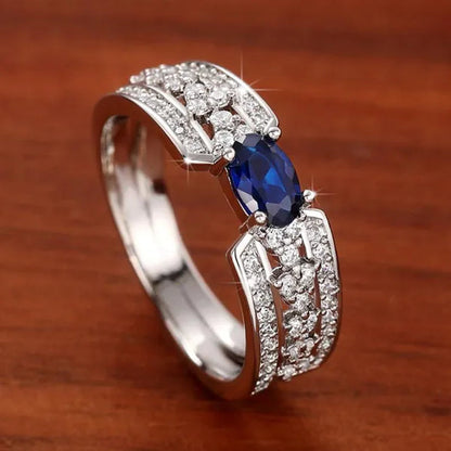 Trendy Micro Pave Cubic Zirconia Blue Sapphire Rings for Women Daily Casual Fashion Accessories