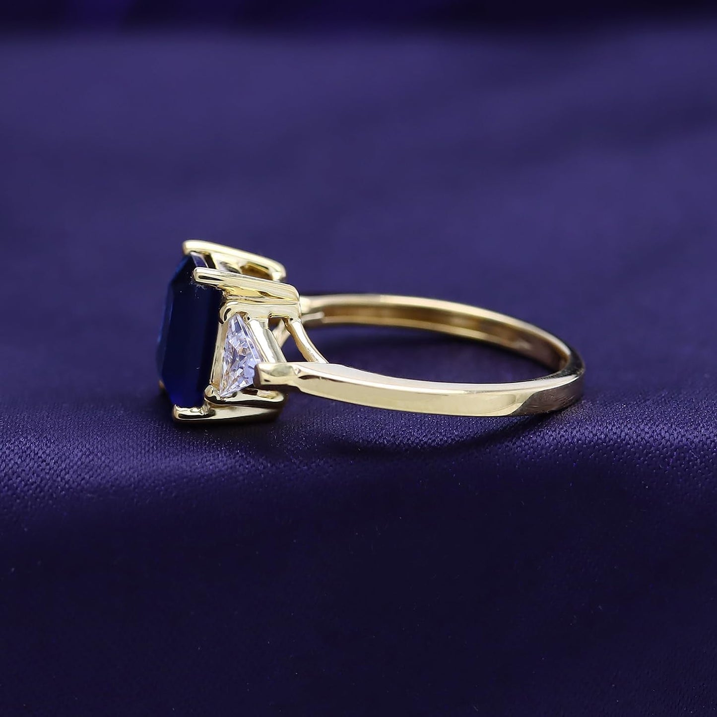 14K Gold Plated 925 Sterling Silver Emerald Cut Blue Sapphire with Trillion White Topaz Ring for Women Statement Jewelry, Mother'S Day Gift for Her