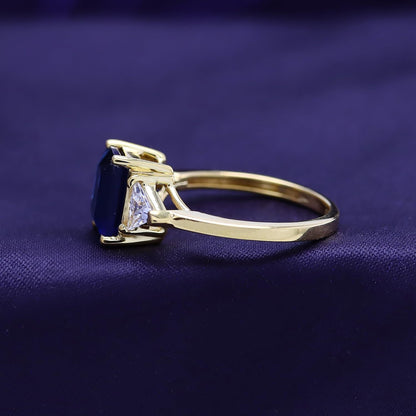 14K Gold Plated 925 Sterling Silver Emerald Cut Blue Sapphire with Trillion White Topaz Ring for Women Statement Jewelry, Mother'S Day Gift for Her