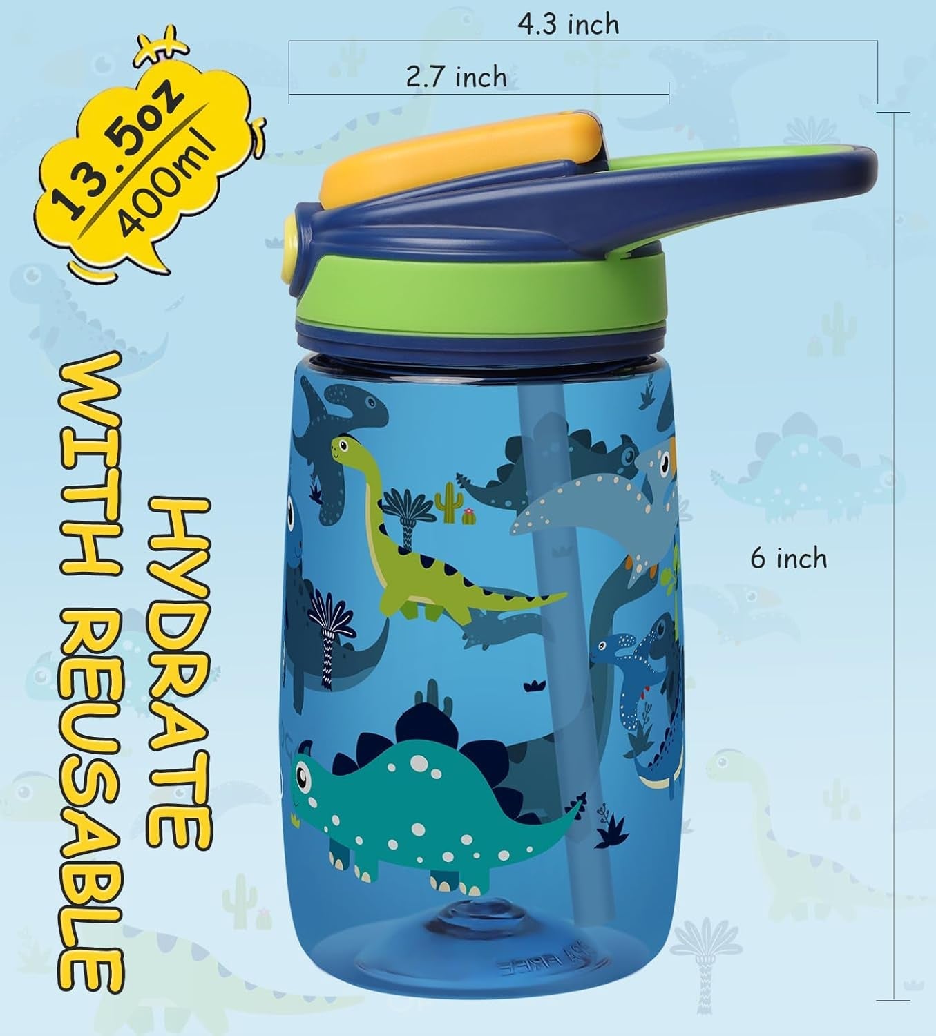 Kids Water Bottle, BPA Free Tritan 13.5Oz Water Bottle with Leakproof Lid, Straw & Carrying Loop for Toddlers