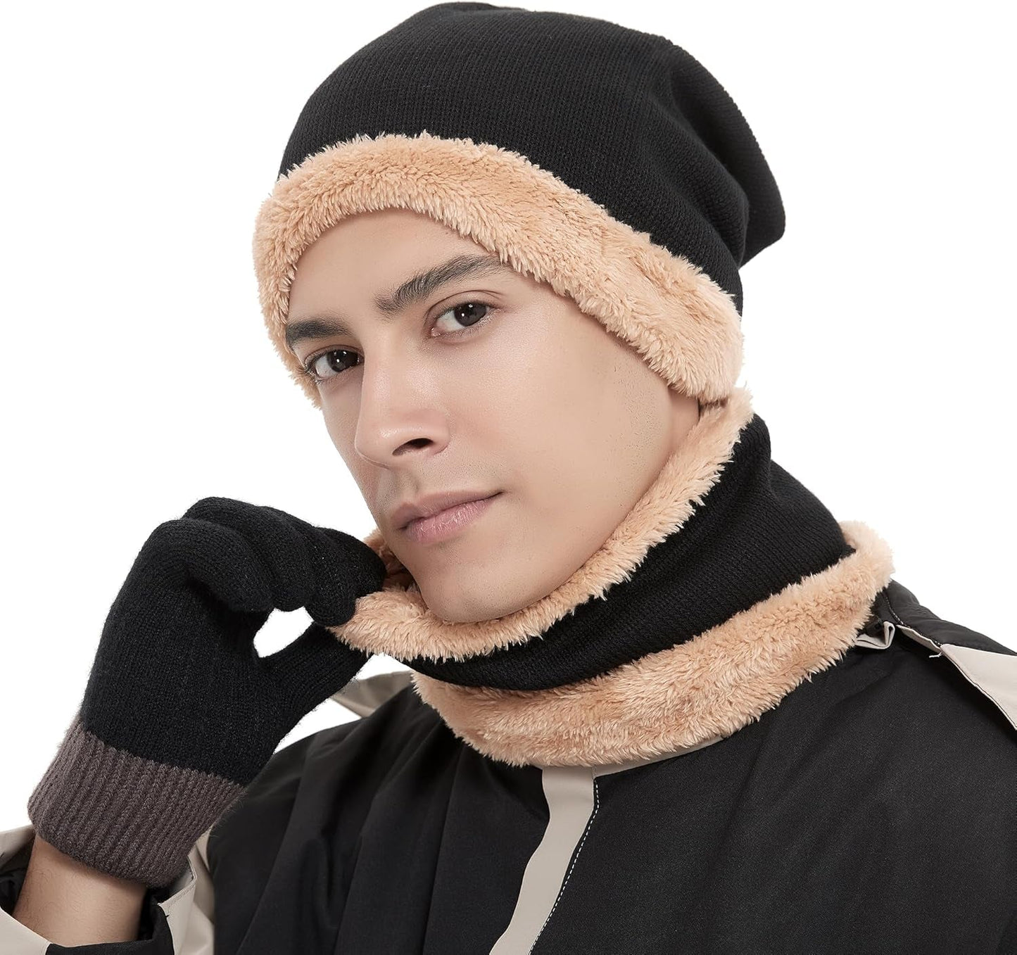 Warm Winter Beanie Hat & Scarf Gloves Set Stylish Knit Skull Cap for Men Women (01 Black)