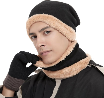Warm Winter Beanie Hat & Scarf Gloves Set Stylish Knit Skull Cap for Men Women (01 Black)