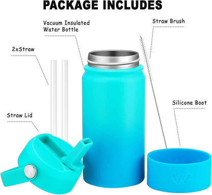 Kids Water Bottle with Boot, Insulated Stainless Steel Wide Mouth Metal Water Bottle with Leakproof Straw Lid for School, Girls, Boys