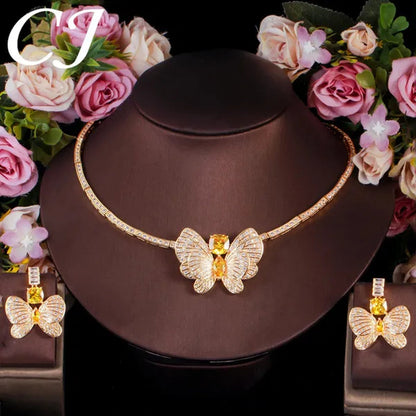 CANDICE Statement Citrine Butterfly Design Pendant Earrings Choker Necklace Micro CZ Temperament Luxury Jewelry Set Dress Accessories