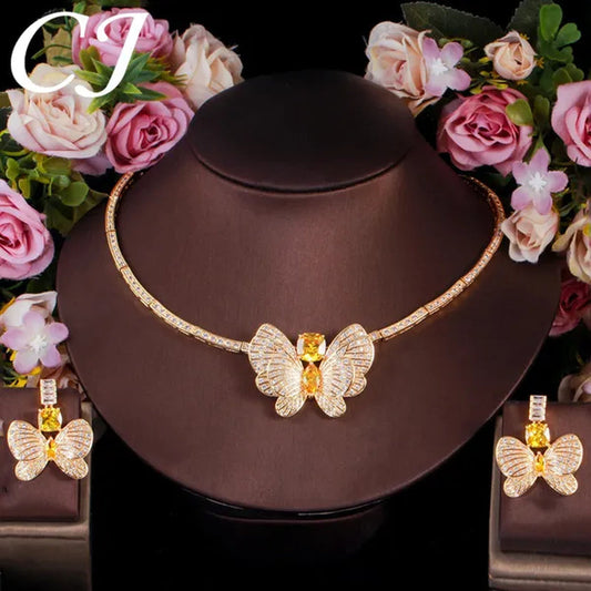 CANDICE Statement Citrine Butterfly Design Pendant Earrings Choker Necklace Micro CZ Temperament Luxury Jewelry Set Dress Accessories