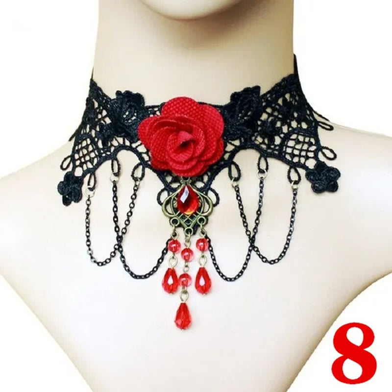 1 PCS Black Lace Necklace Chokers Vintage Style Female Gothic Wedding Red Rose Crystal Diamond Pendant Collarbone Necklace Chain Accessories for Women Girls(10 Style)