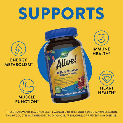 Alive! Men'S Daily Gummy Multivitamin, Supports Energy Metabolism*, Muscle Function*, B-Vitamins, B-Vitamins, Gluten-Free, Vegetarian, Fruit Flavored, 60 Gummies (Packaging May Vary)