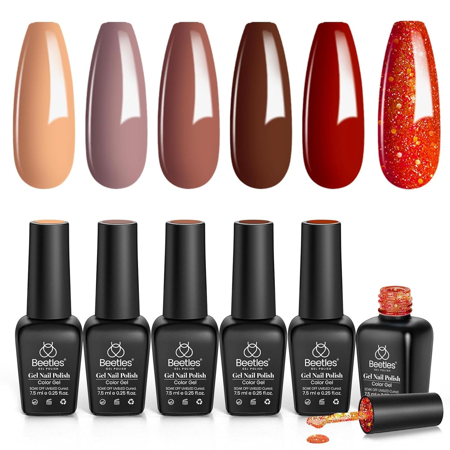 Beetles Red Gel Nail Polish Set, Caramel Collection Burgundy Red Brown Gel Nail Polish Kit 6 Colors Summer Gel Polish Nail Gel Soak off Nail Uv Lamp Manicure Gifts for Women Grils