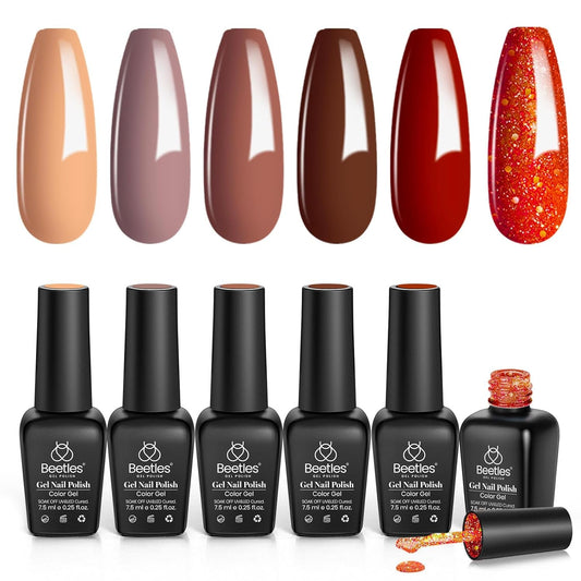 Beetles Red Gel Nail Polish Set, Caramel Collection Burgundy Red Brown Gel Nail Polish Kit 6 Colors Summer Gel Polish Nail Gel Soak off Nail Uv Lamp Manicure Gifts for Women Grils