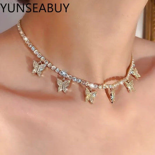 YUNSEABUY Little Butterfly Pendant Full Diamond Choker Necklace for Women Girls Jewelry