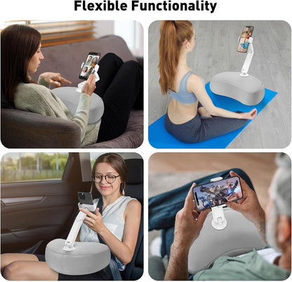 Pillow Phone Holder for Bed, 360° Bed Phone Holder Laying Down, Hands-Free Iphone Stand for Bed/Sofa/Lap, Compatible W/ 4.7"-7.0" Cell Phones, Flexible Dual Arm with Microbead Cushion