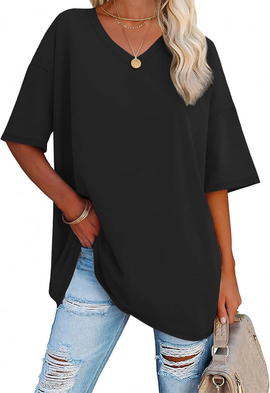 Womens Summer Oversized Shirts V Neck Business Casual Workout Tops Beach Vacation 2025 Gym Clothes