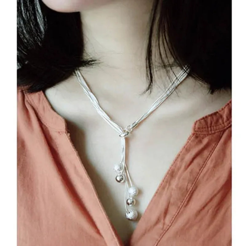 Women's Fashion 925 Sterling Silver Five-line Snake Chain Matte Smooth Bead Pendant Necklace Bracelet Earring Jewelry Set