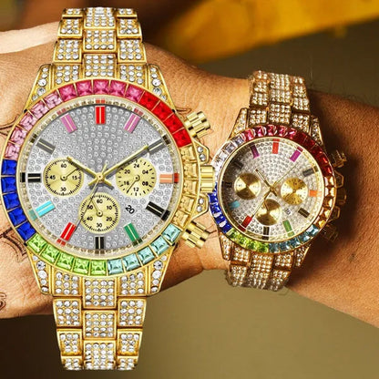 Men Watch Luxury Brand  Mens Gold men Watch Quartz Clock Chronograph colorful Diamond Steel Iced Out Watch Reloj Hombre