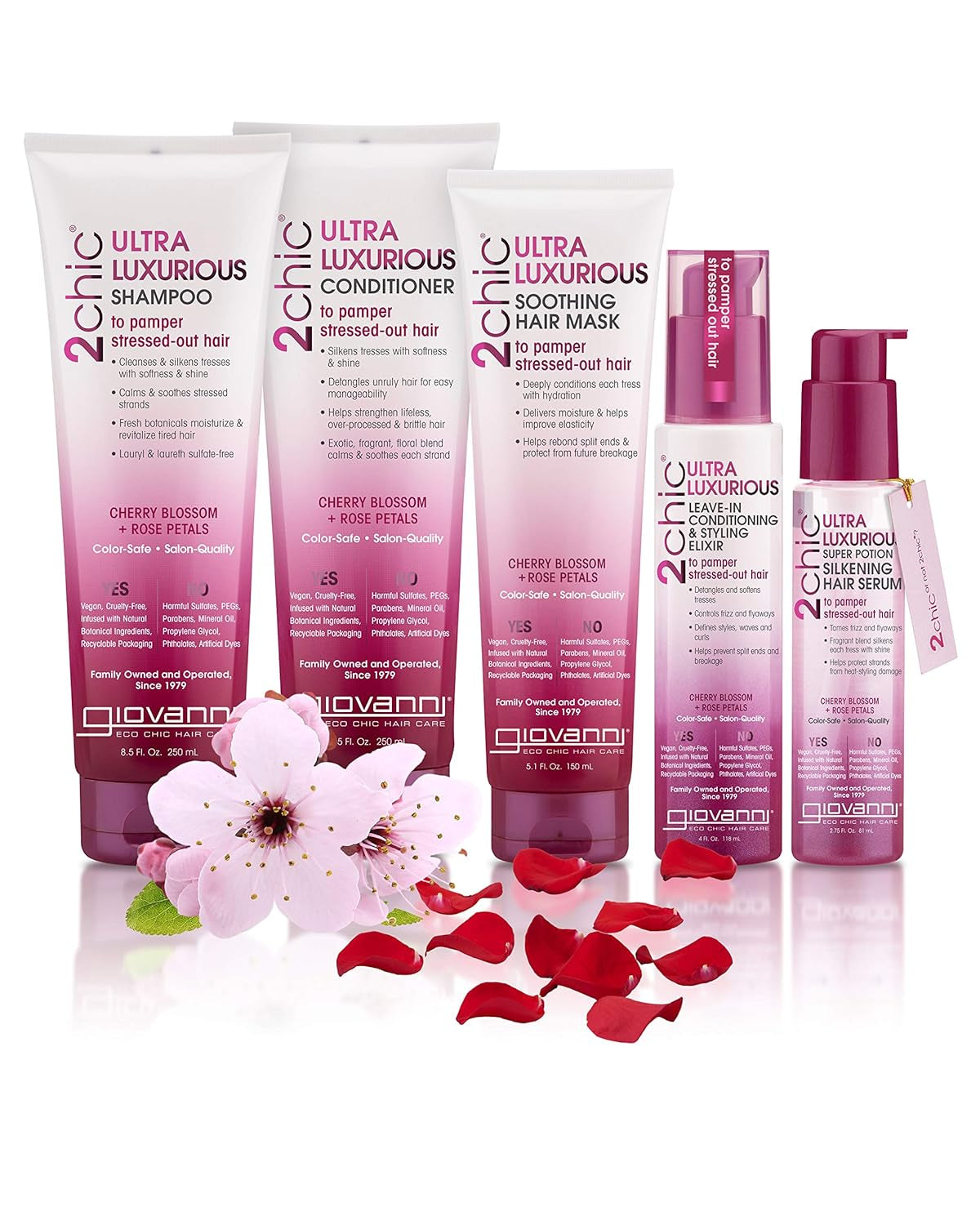 2Chic Ultra-Luxurious Super Potion Silkening Hair Serum - Cherry Blossom & Rose Petals, Aloe Vera, Pro-Vitamin B5, Smooths Curly & Wavy Hair, Paraben Free, Color Safe - 2.75 Oz