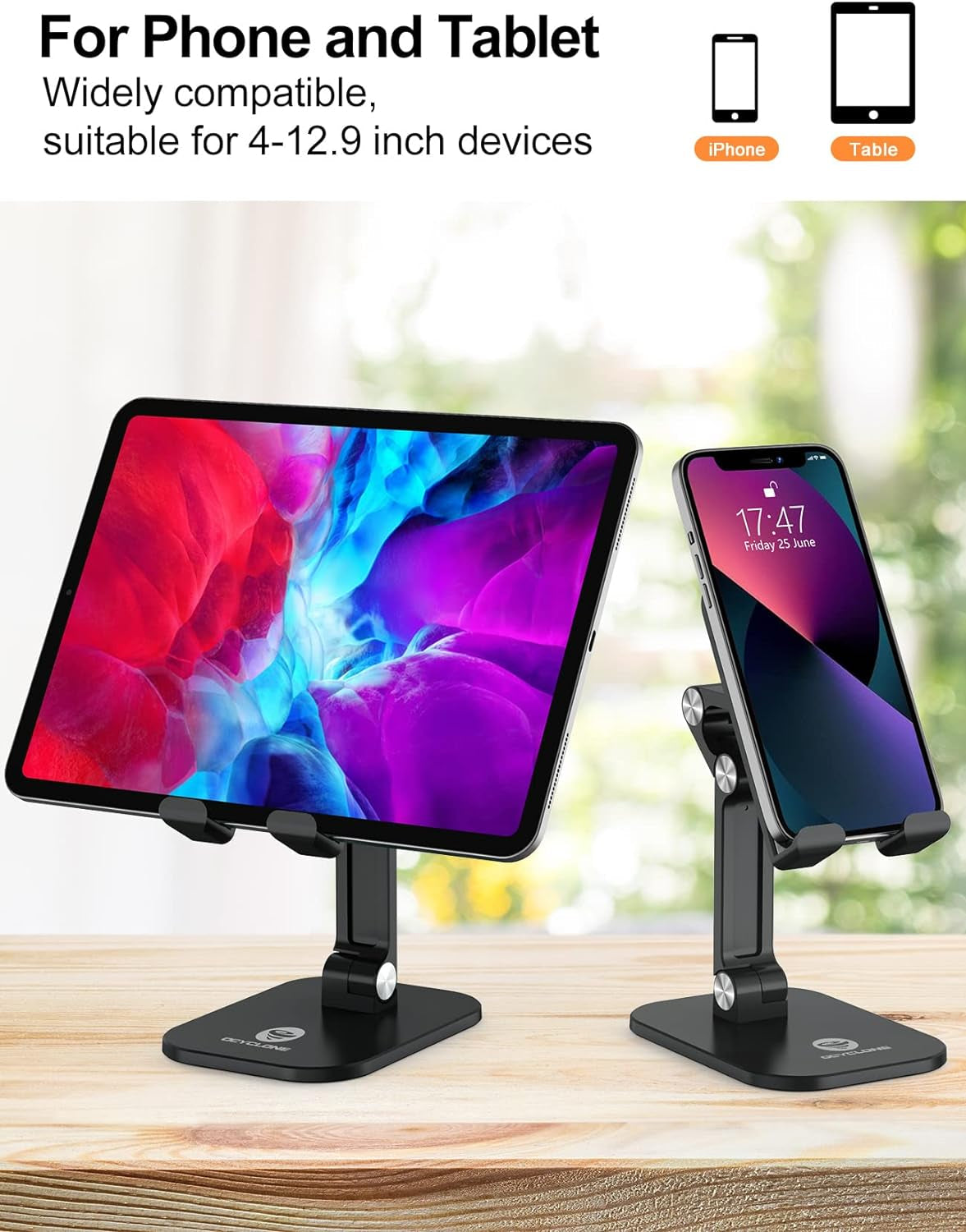 Phone Stand, Adjustable Height and Angle Cell Phone Stand for Desk Foldable Holder, Taller Iphone Stand Compatible 4-11 Inch All Mobile Phone/Ipad/Tablet - Black