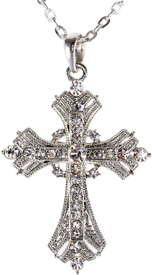 Silvery Tone Religious Cross Pendant Necklace W/Aquamarine Blue or Clear Crystal Rhinestones
