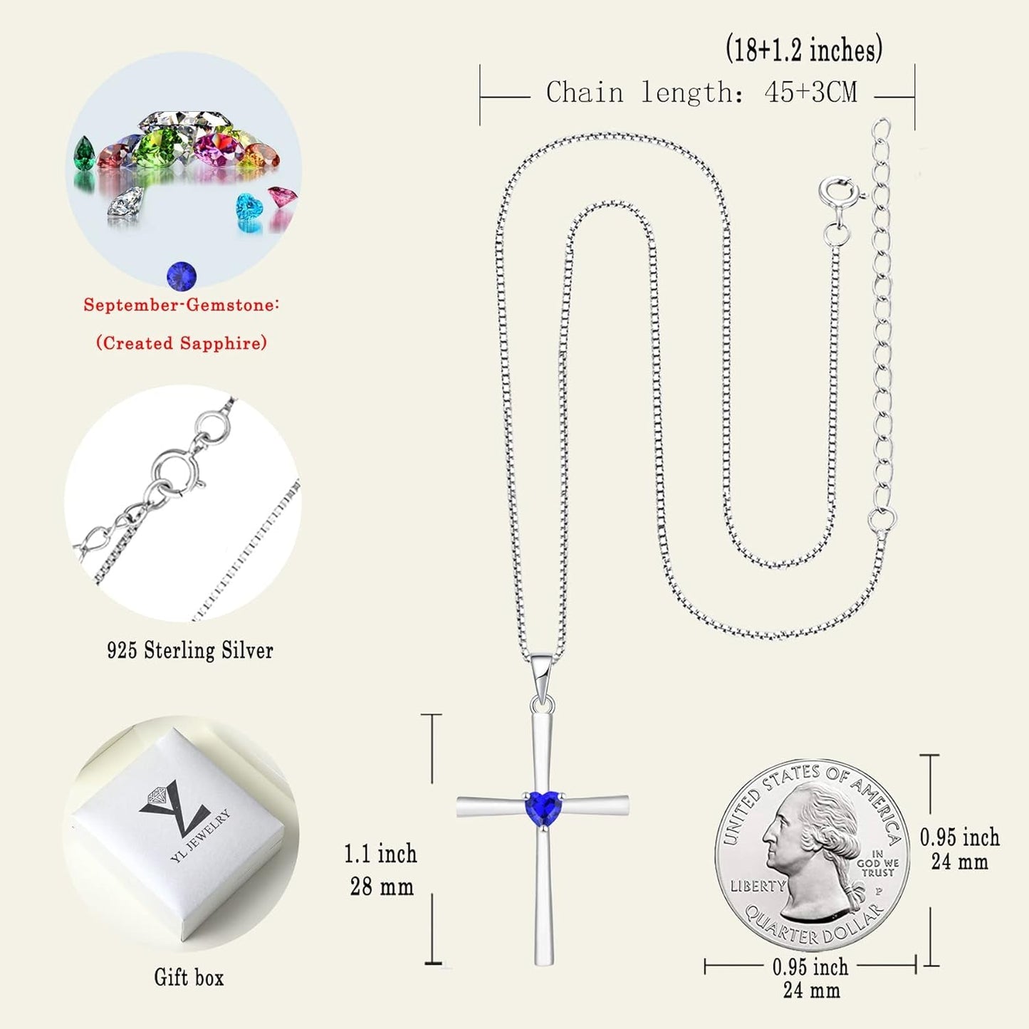 Women'S Cross Necklace 925 Sterling Silver Crucifix Pendant Heart Cut Birthstone Criss Jewelry