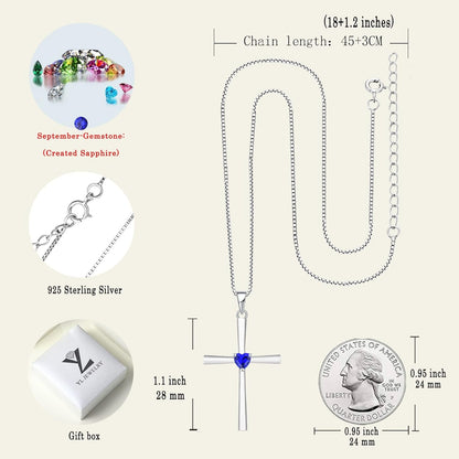 Women'S Cross Necklace 925 Sterling Silver Crucifix Pendant Heart Cut Birthstone Criss Jewelry