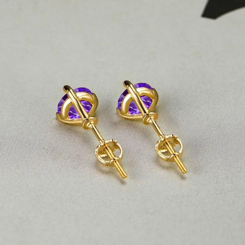 Chic 18K Gold Three-Prong Martini Round Amethyst Stud Earrings Bride Wedding Engagement Jewelry Gifts 6mm/7mm/8mm