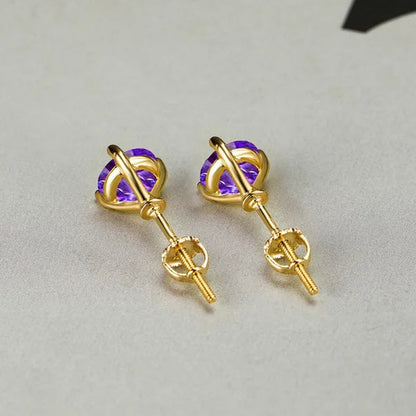 Chic 18K Gold Three-Prong Martini Round Amethyst Stud Earrings Bride Wedding Engagement Jewelry Gifts 6mm/7mm/8mm