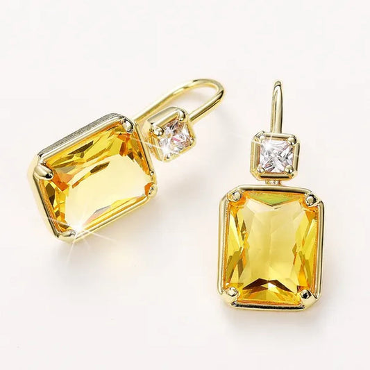 Trendy Square Cut Citrine Earrings for Women Yellow Gold Plated Gemstone Hook Drop Earrings Jewelry Gift