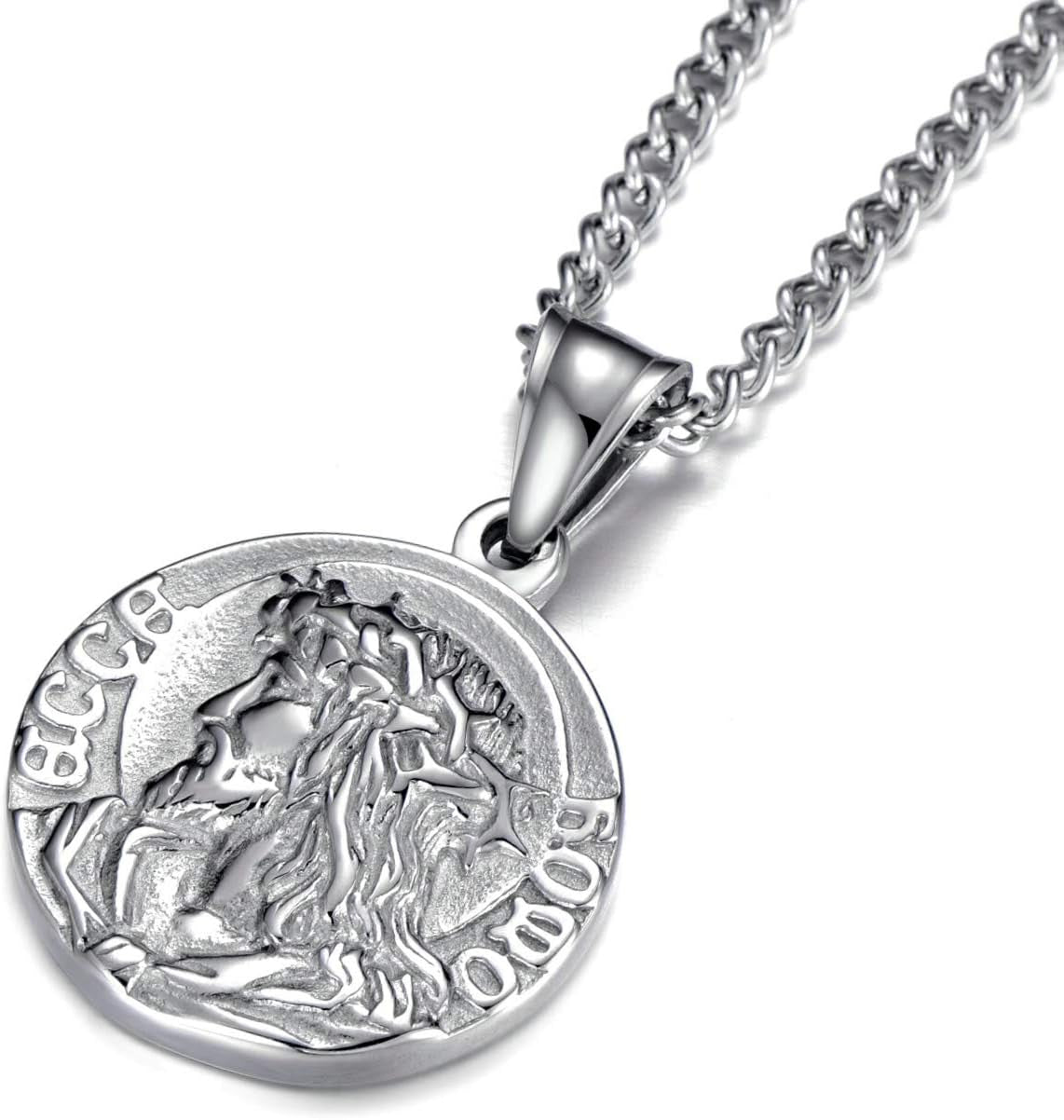 Mens Stainless Steel Crown of Thorns Head of Jesus Christ Pendant Necklace round Medal Prayer Coin Pendant with Link Chain