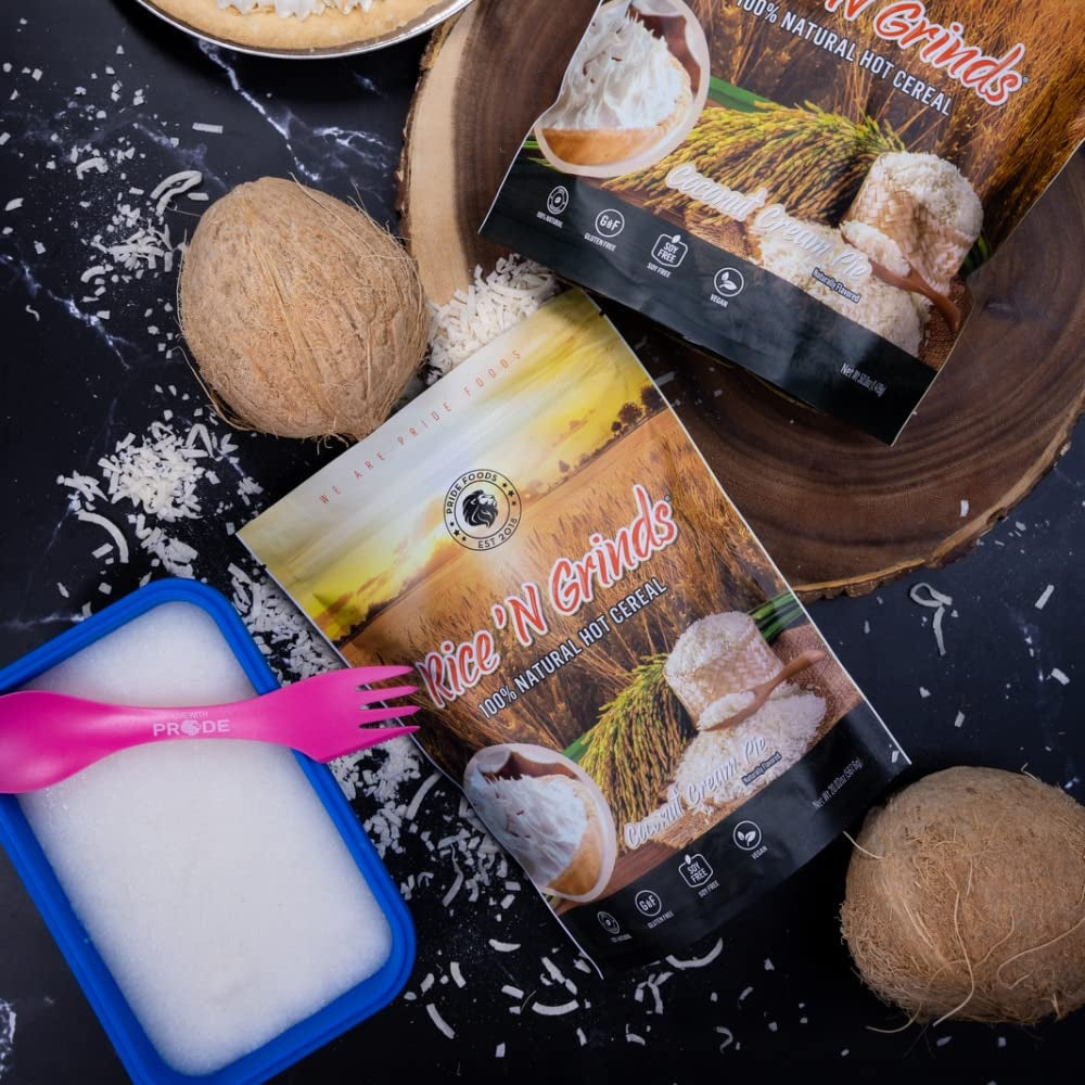 Pride Foods Rice 'N Grinds Hot Cereal - Gluten-Free, Non-Gmo, Vegan-Friendly, Natural Rice Breakfast, Quick & Easy Hot Meal, Low-Fat Comfort Food, 30 Servings, Coconut Cream Pie