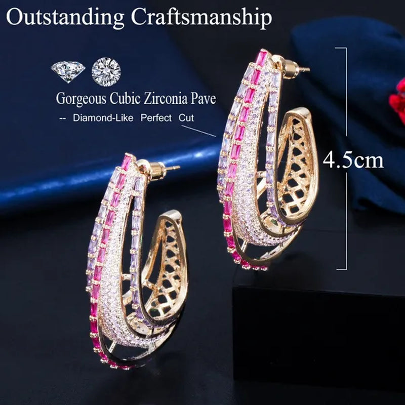 CANDICE Dubai Luxury Trendy Ear Jewelry Full Micro Pave Rose Red Purple CZ Crystal Hollow-out Design Arc Hoop Earrings for Dinner Party