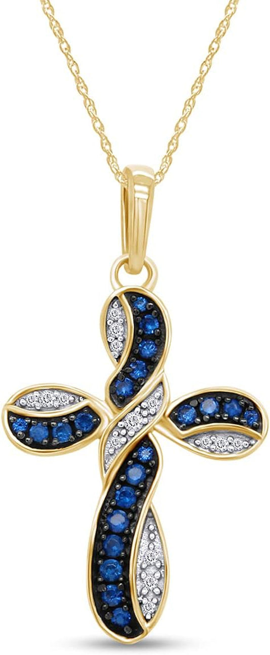 round Simulated Blue Sapphire & White Cubic Zirconia Cross Pendant Necklace in 14K Gold over Sterling Silver 18" Chain