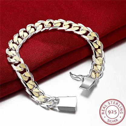 925 Sterling Silver Gold Color Exquisite 10mm Chain Bracelet for Women and Man Wedding Engagement Party Jewelry