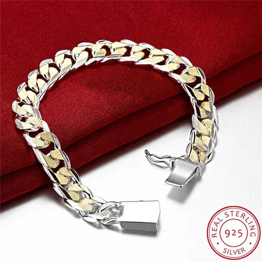 925 Sterling Silver Gold Color Exquisite 10mm Chain Bracelet for Women and Man Wedding Engagement Party Jewelry