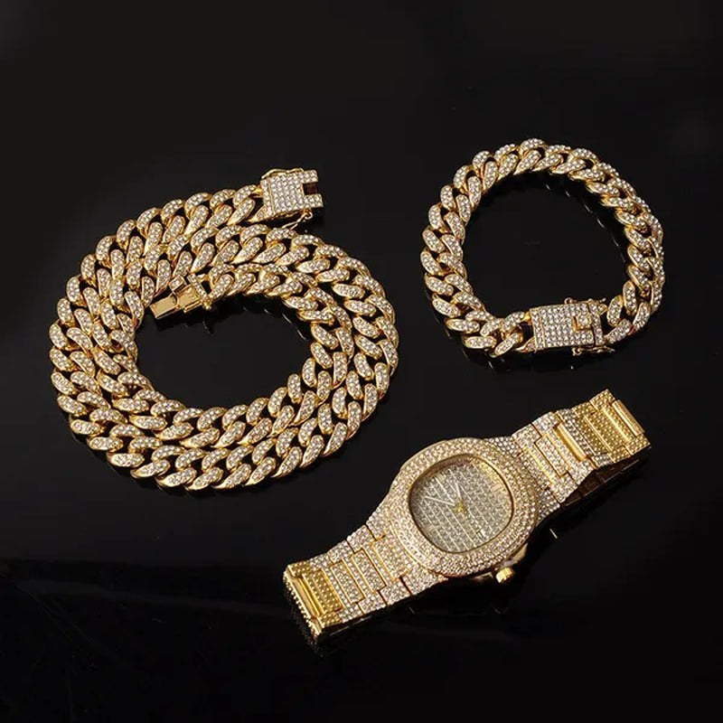 3 Colors 13MM Iced Out Chain Hip Hop Watch Necklace Bracelet Bling Miami Cuban Link Chain Mens Jewelry Set Relojes Hombre
